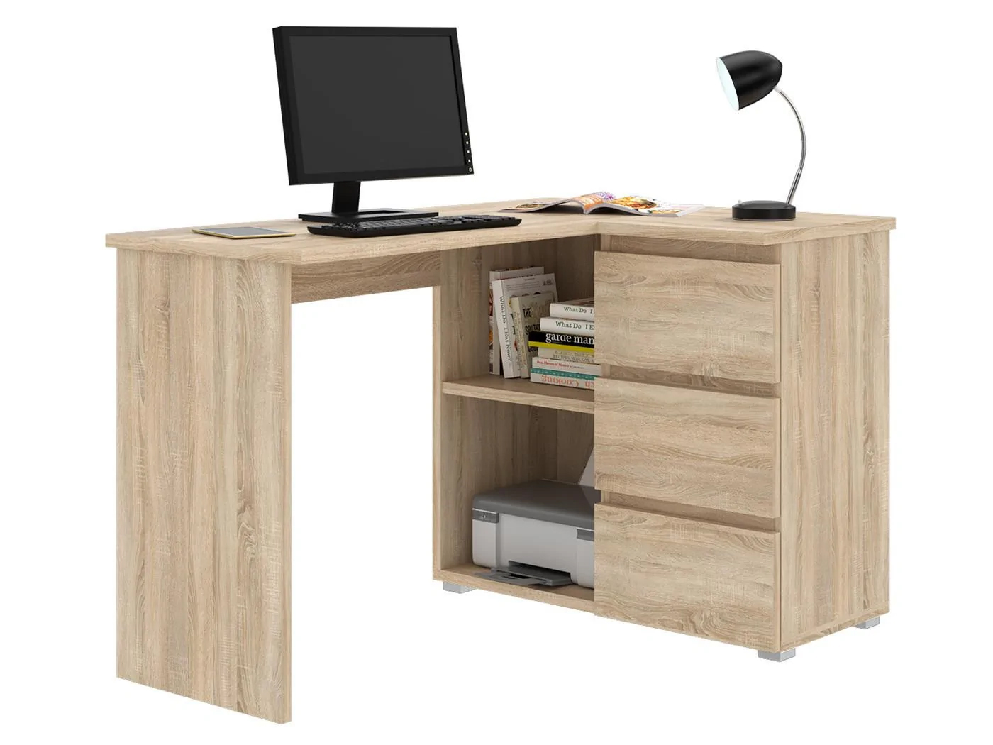 Birou colt Norge cu 3 sertare si 2 rafturi, 124x89x75 cm, stejar Household NewTrend
