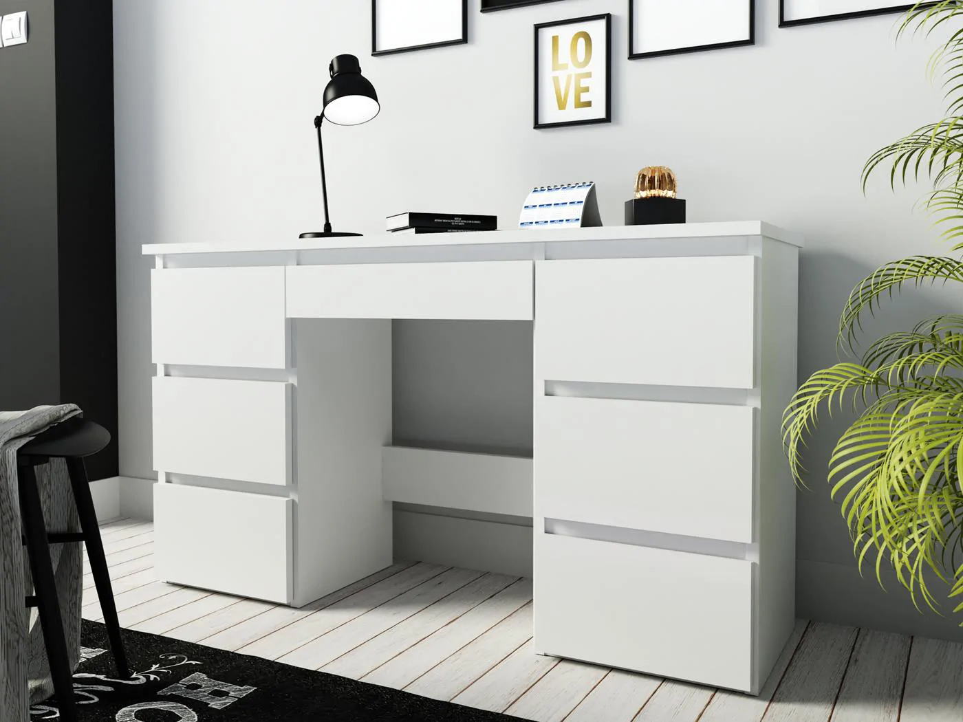 Birou cu 7 sertare Beta 4 120x43x75 cm, design minimalist, alb Household NewTrend