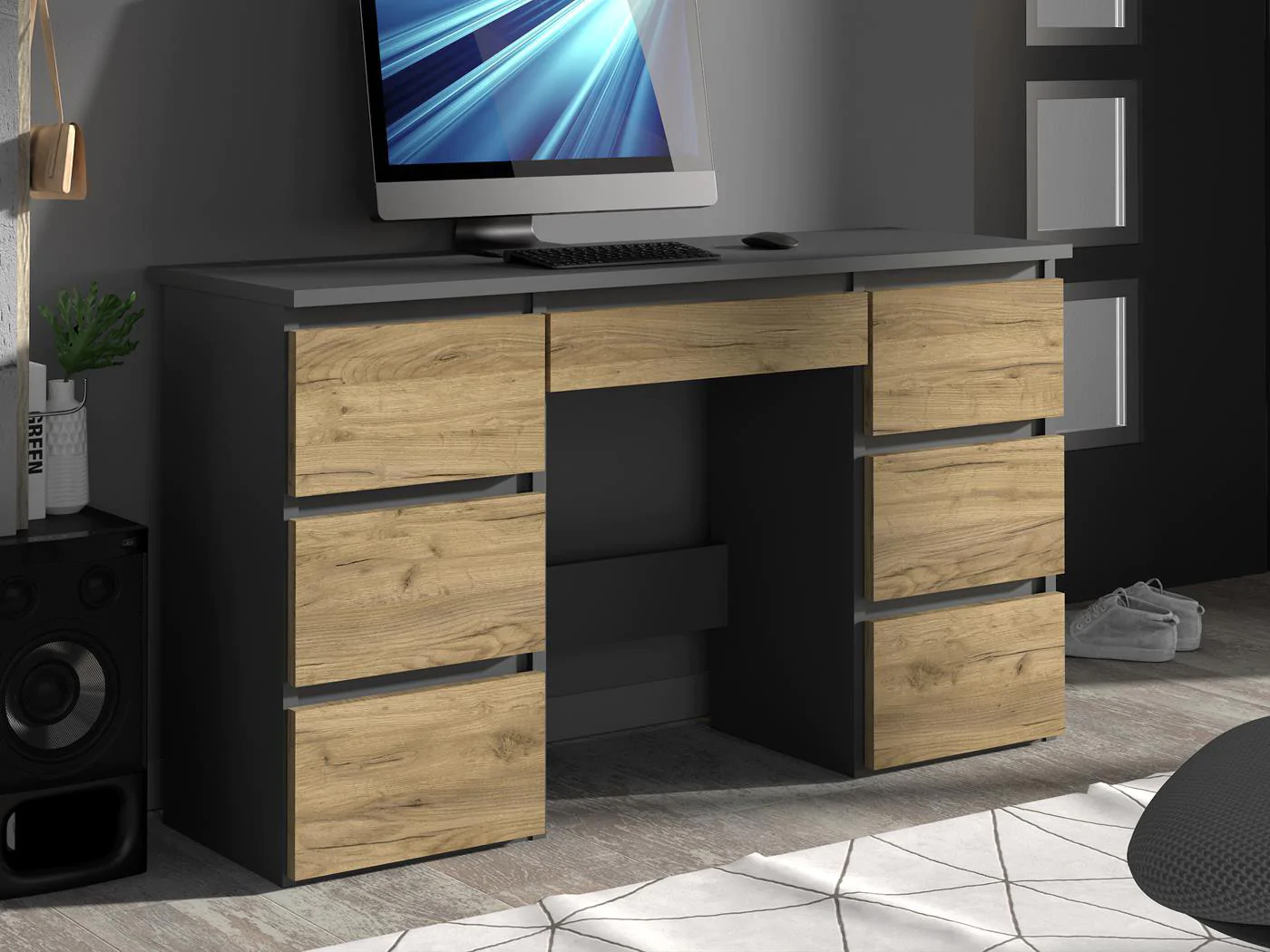 Birou cu 7 sertare Beta 4 120x43x75 cm, design minimalist, antracit-craft Household NewTrend