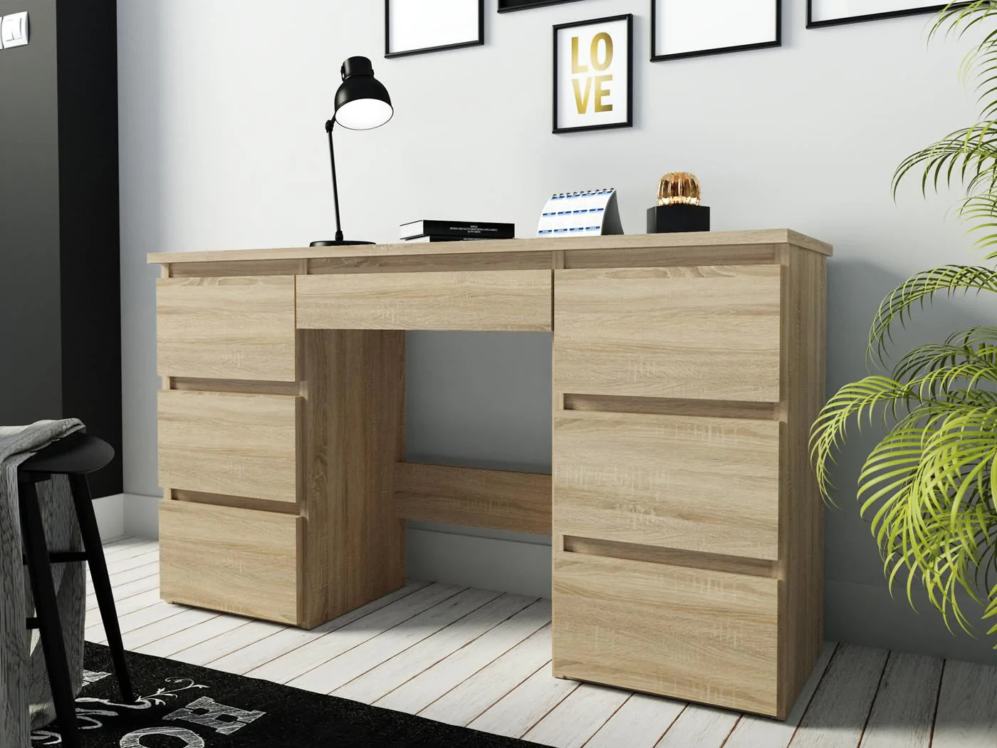 Birou cu 7 sertare Beta 4 120x43x75 cm, design minimalist, sonoma Household NewTrend