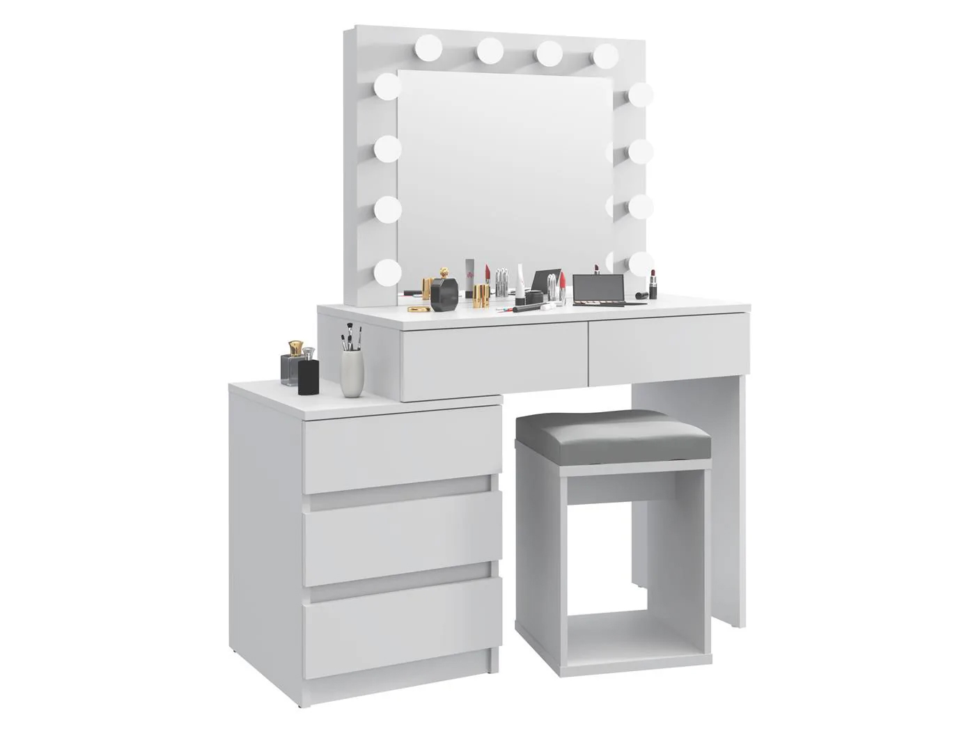 Masa de toaleta si machiaj Adele cu 5 sertare si oglinda 12 LED, 113x47x142 cm, alb Household NewTrend