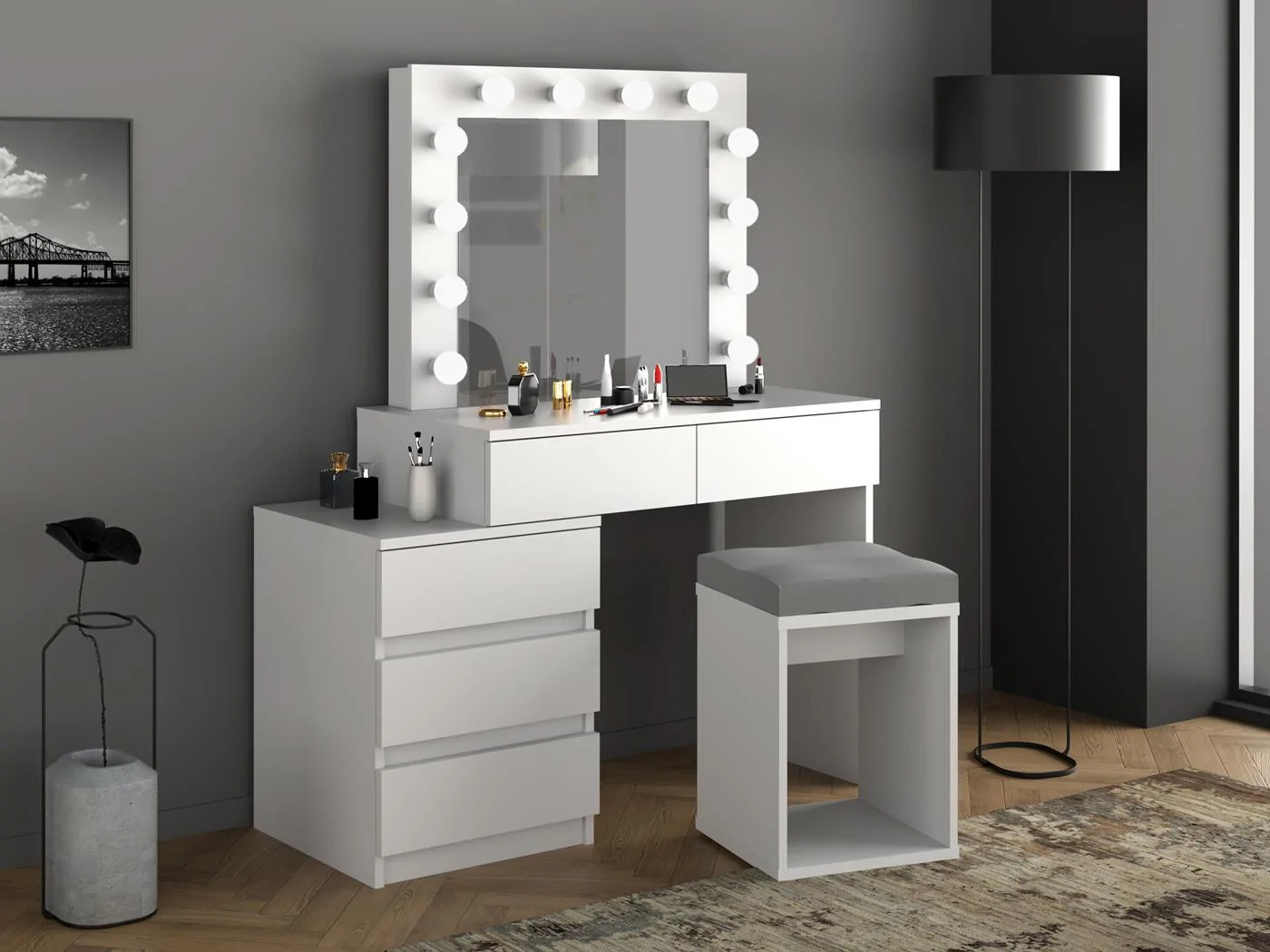 Masa de toaleta si machiaj Adele cu 5 sertare si oglinda 12 LED, 113x47x142 cm, alb Household NewTrend