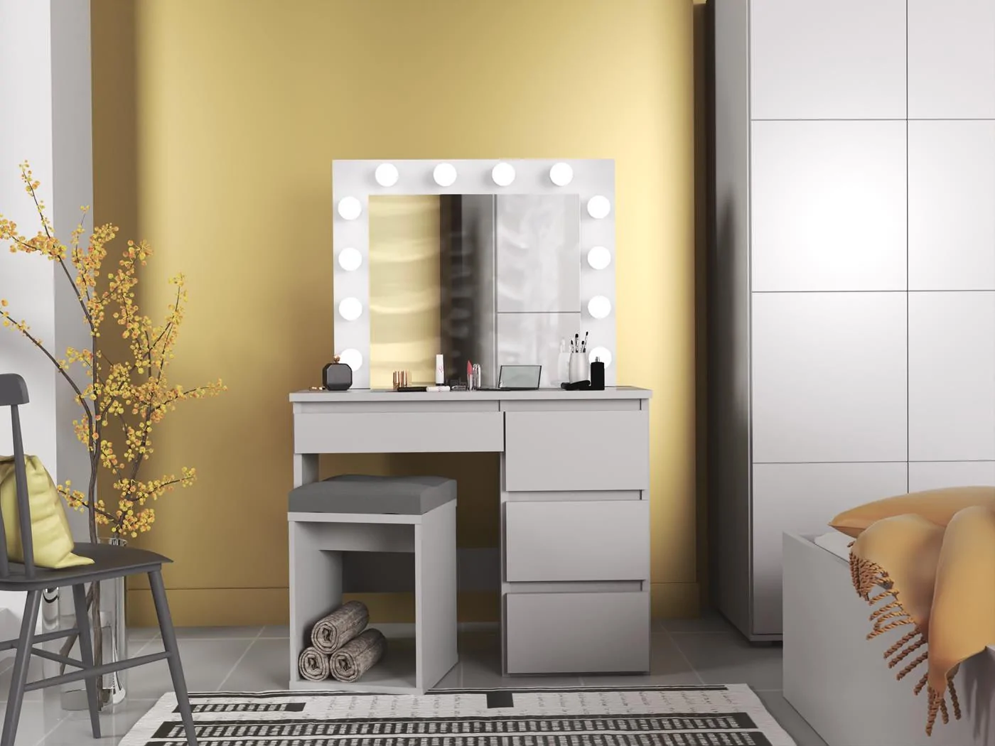 Masa de toaleta si machiaj Hollywood cu oglinda LED si 4 sertare, 94x43x140 cm, alb mat Household NewTrend