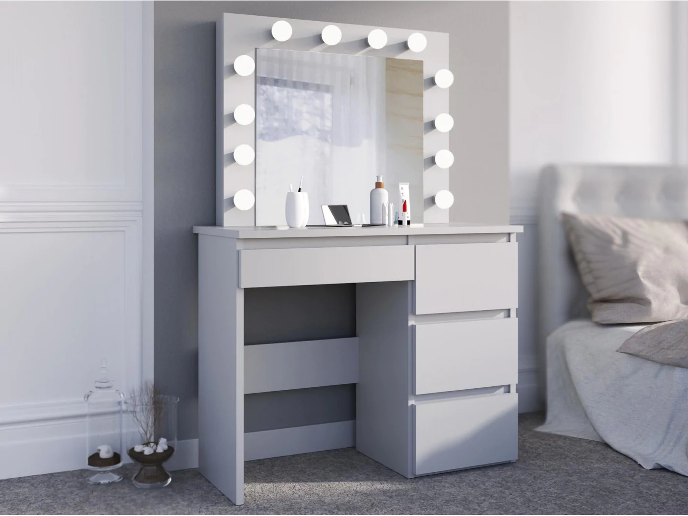Masa de toaleta si machiaj Hollywood cu oglinda LED si 4 sertare, 94x43x140 cm, alb mat Household NewTrend