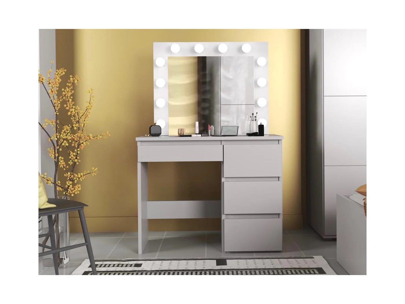Masa de toaleta si machiaj Hollywood cu oglinda LED si 4 sertare, 94x43x140 cm, alb mat Household NewTrend