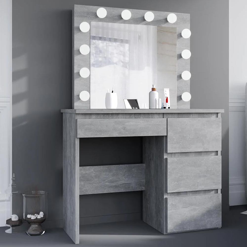 Masa de toaleta si machiaj Hollywood cu oglinda LED si 4 sertare, 94x43x140 cm, gri beton Household NewTrend