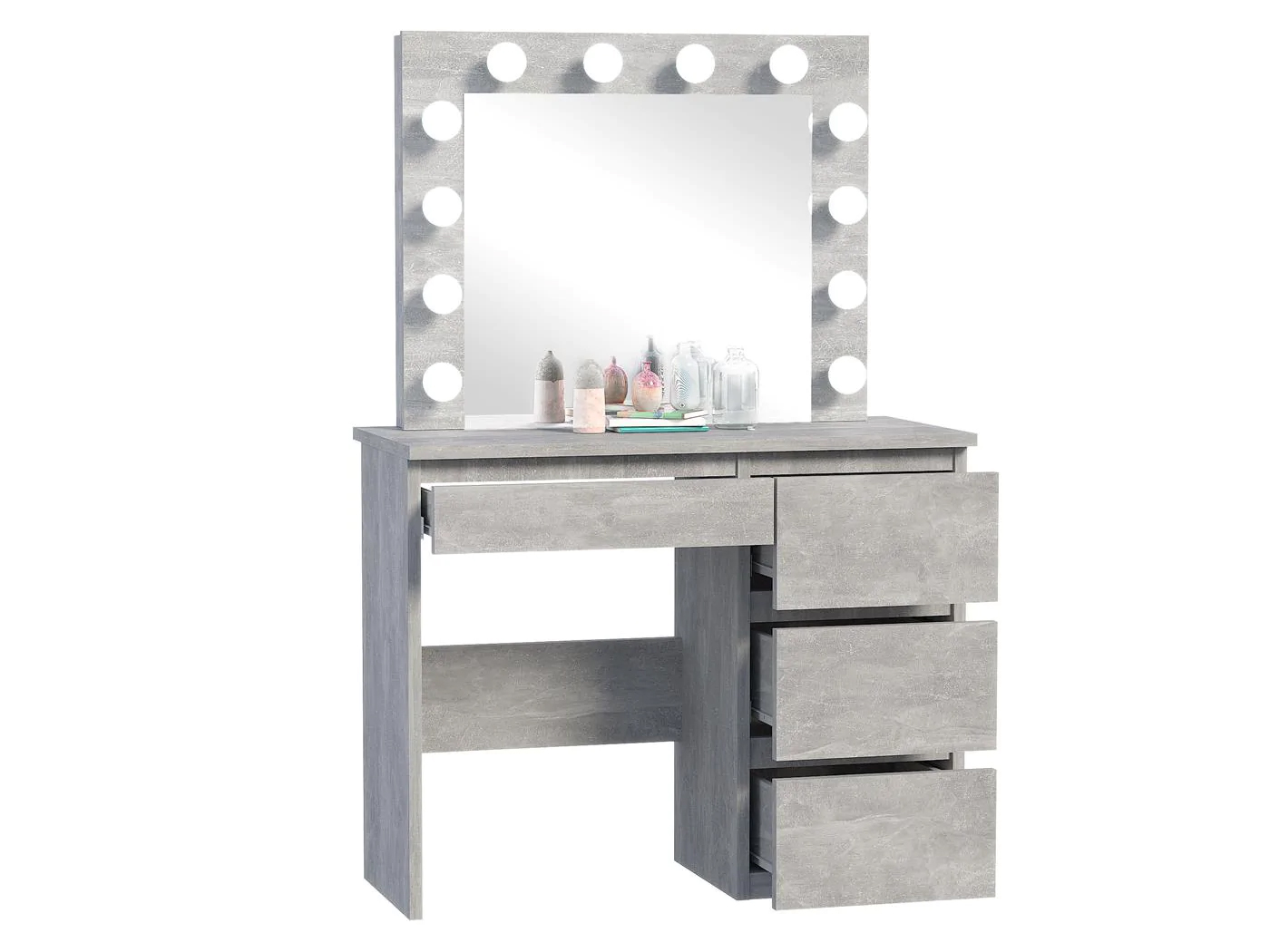 Masa de toaleta si machiaj Hollywood cu oglinda LED si 4 sertare, 94x43x140 cm, gri beton Household NewTrend