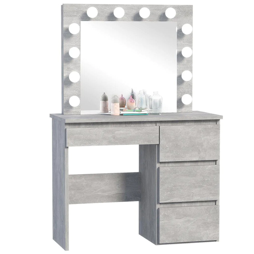Masa de toaleta si machiaj Hollywood cu oglinda LED si 4 sertare, 94x43x140 cm, gri beton Household NewTrend