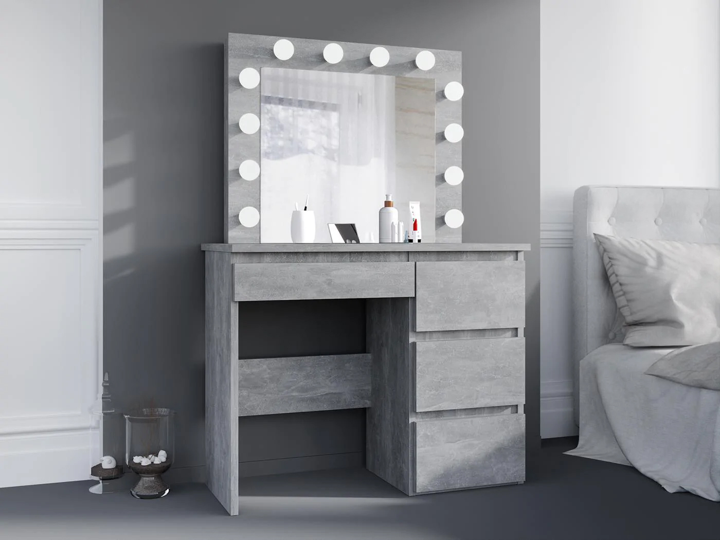 Masa de toaleta si machiaj Hollywood cu oglinda LED si 4 sertare, 94x43x140 cm, gri beton Household NewTrend