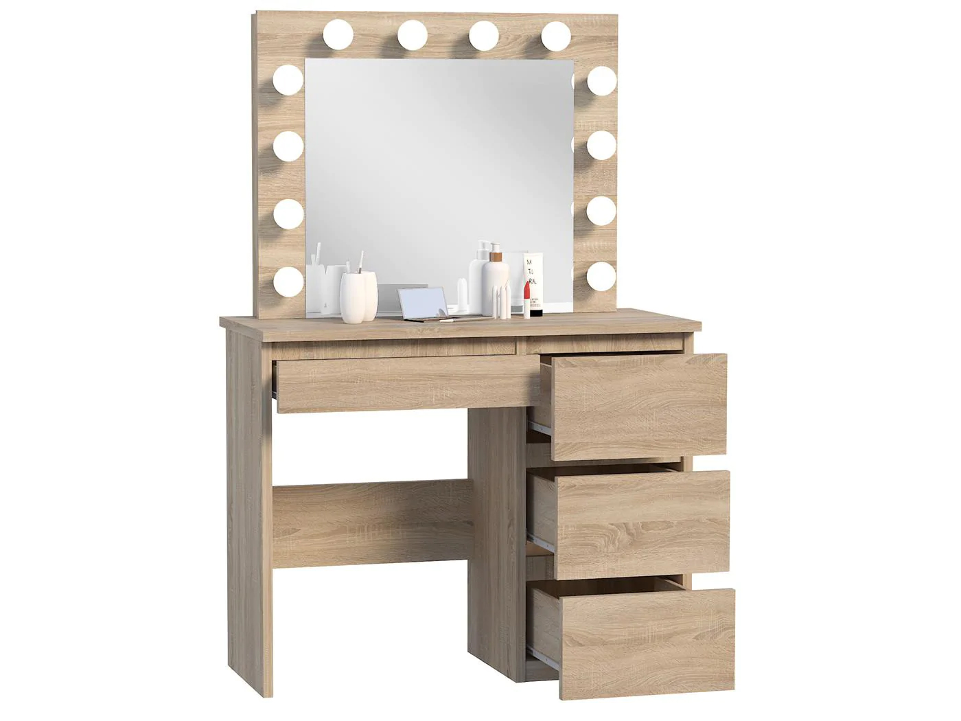 Masa de toaleta si machiaj Hollywood cu oglinda LED si 4 sertare, 94x43x140 cm, stejar Household NewTrend