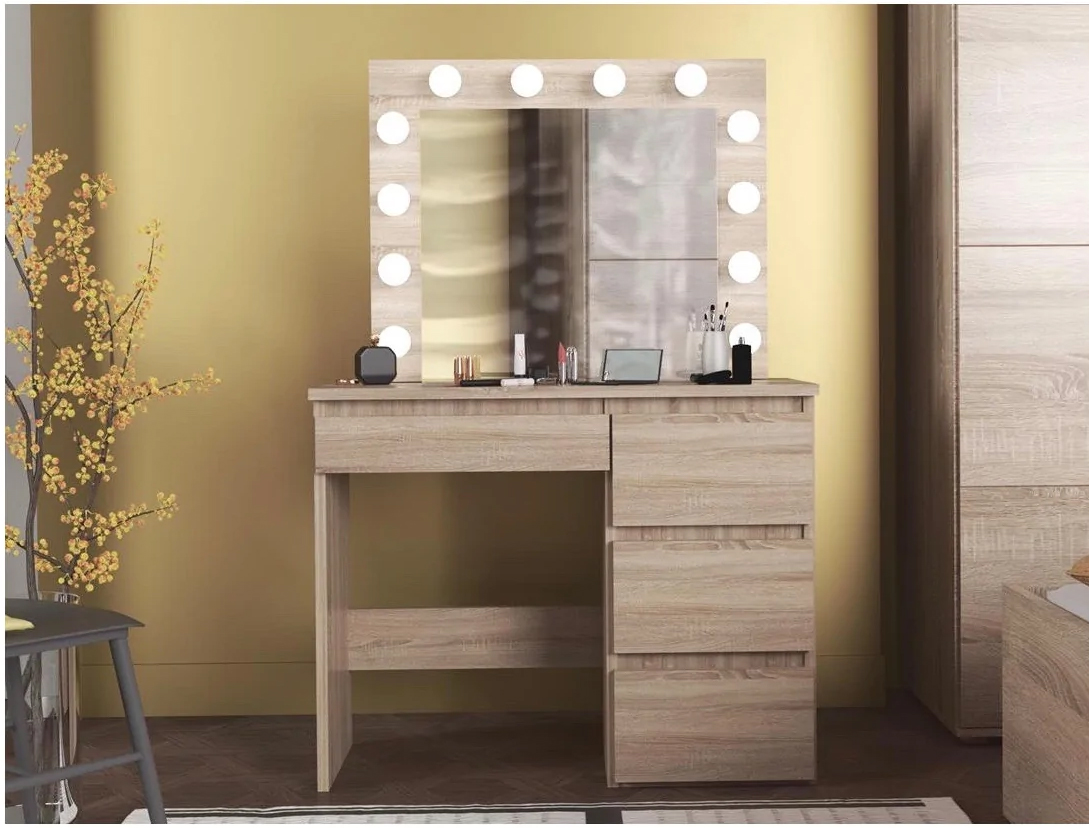 Masa de toaleta si machiaj Hollywood cu oglinda LED si 4 sertare, 94x43x140 cm, stejar Household NewTrend