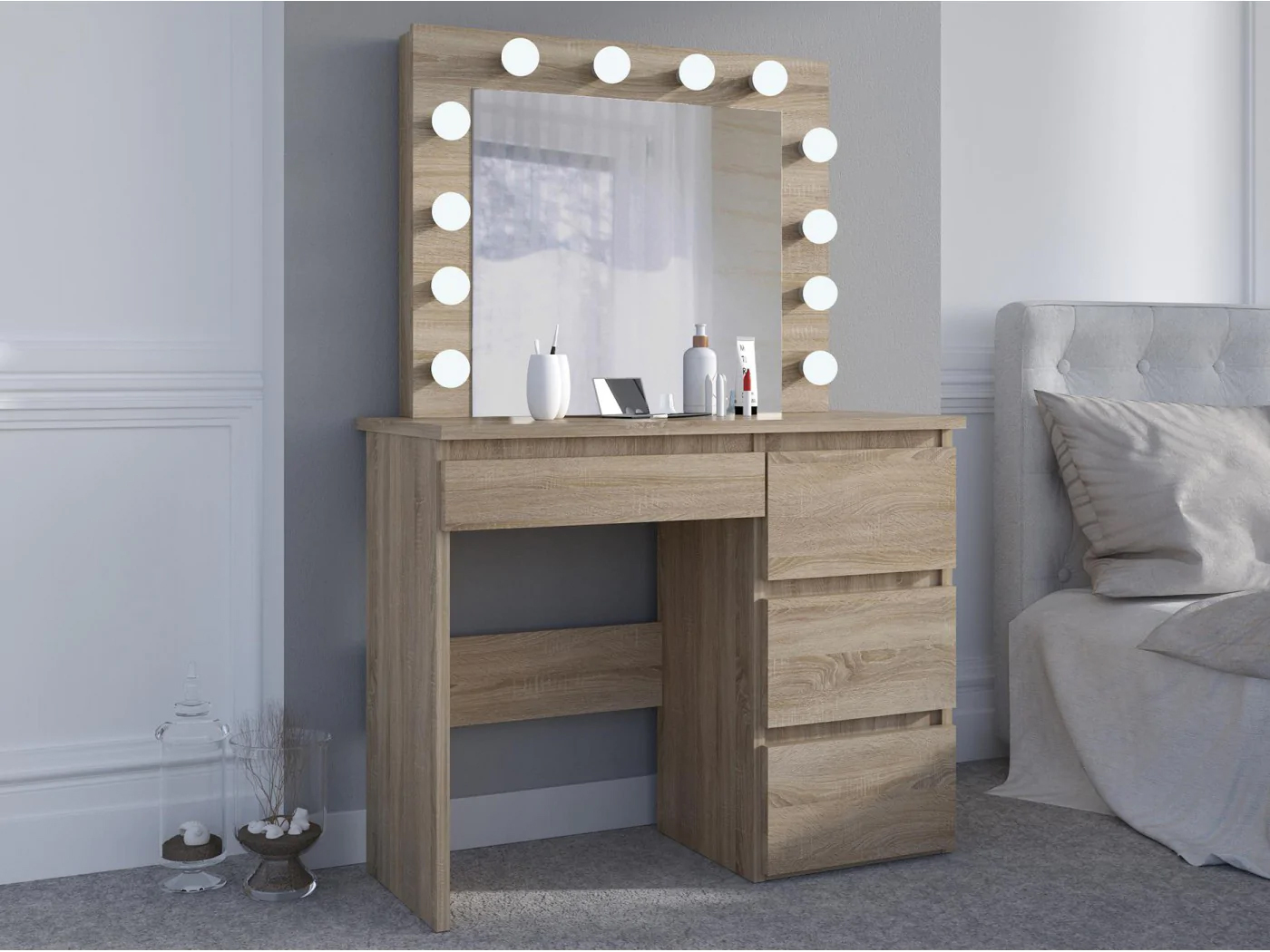 Masa de toaleta si machiaj Hollywood cu oglinda LED si 4 sertare, 94x43x140 cm, stejar Household NewTrend