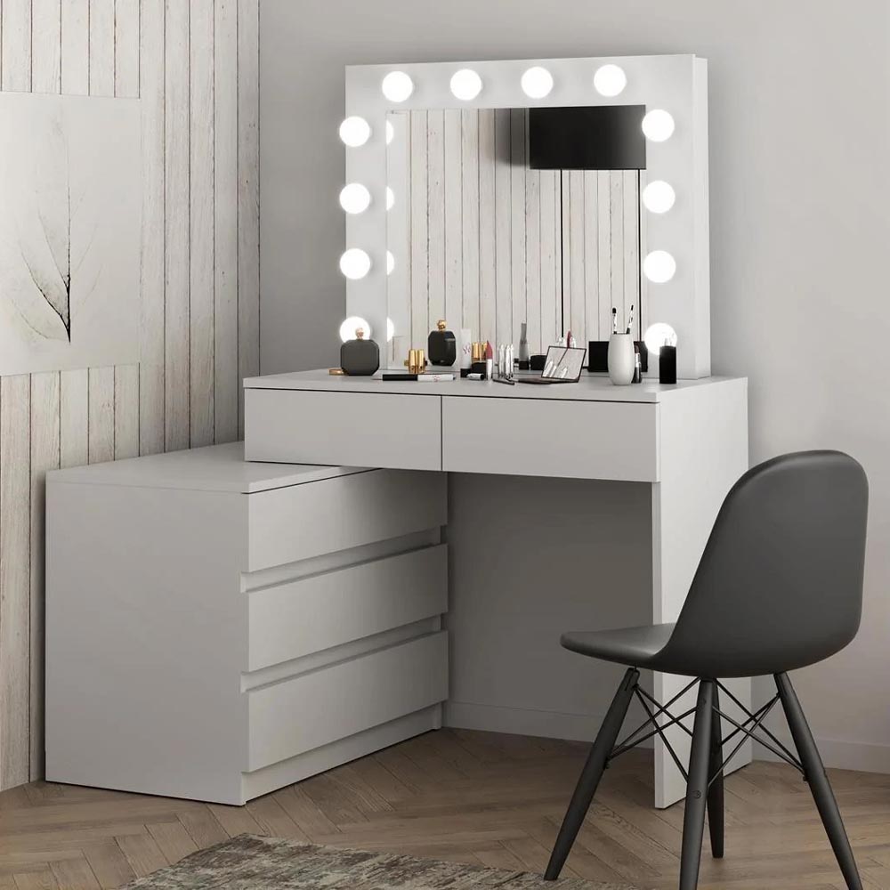 Masa de toaleta si machiaj colt Carla cu oglinda 12 LED si comoda 5 sertare, montaj stanga/dreapta, alb Household NewTrend
