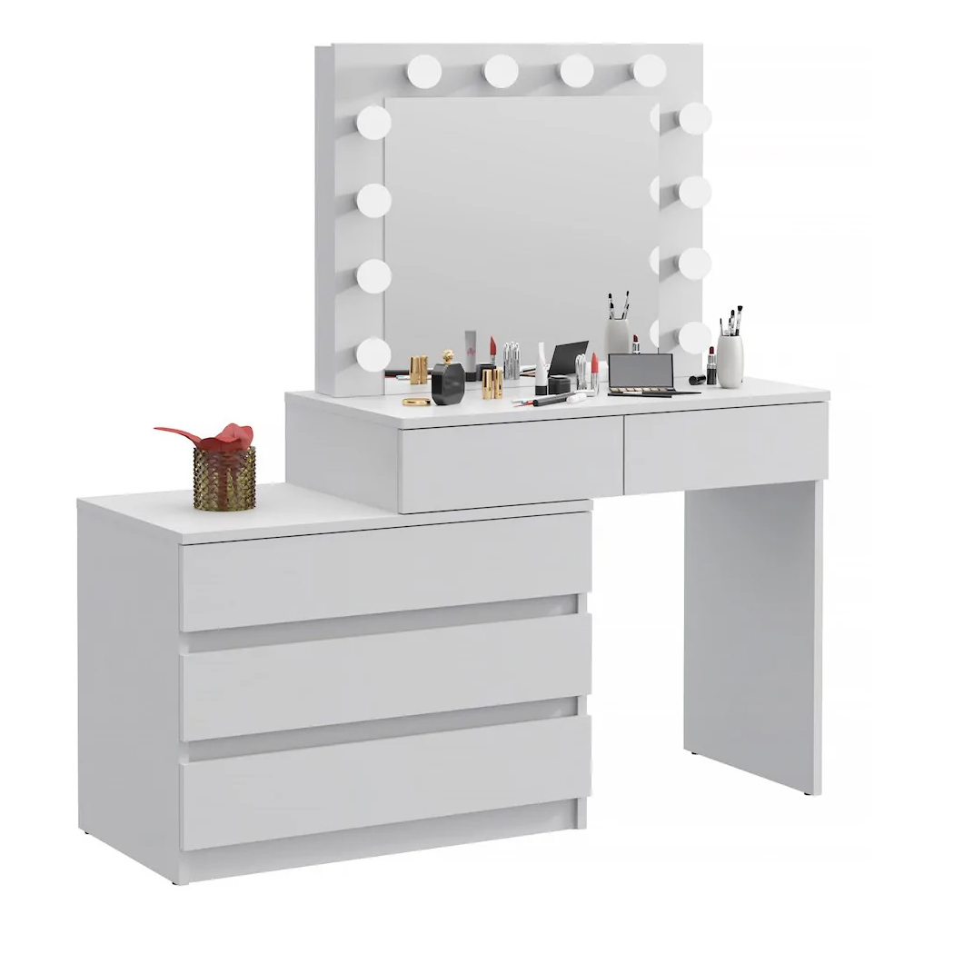 Masa de toaleta si machiaj colt Carla cu oglinda 12 LED si comoda 5 sertare, montaj stanga/dreapta, alb Household NewTrend