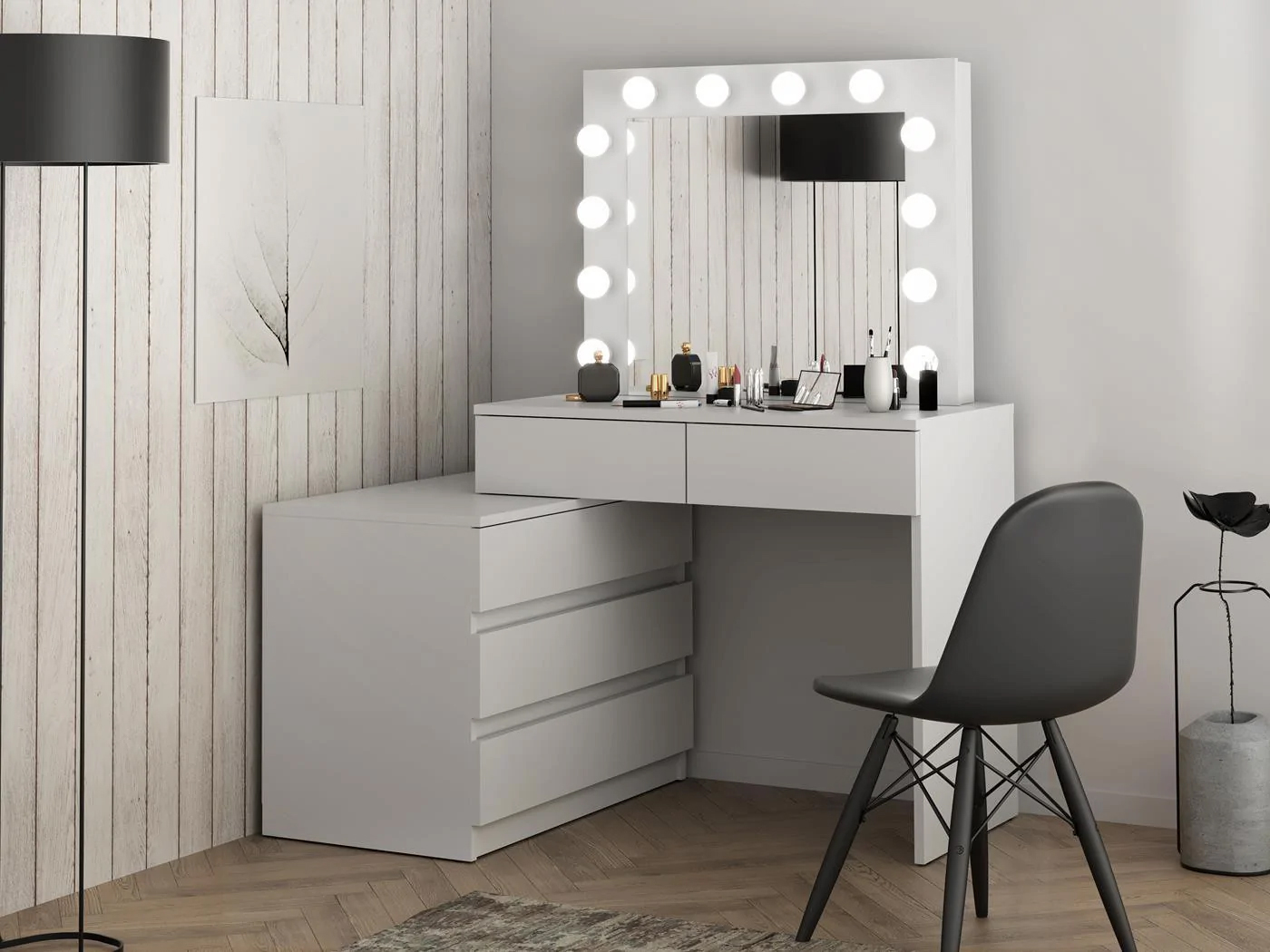 Masa de toaleta si machiaj colt Carla cu oglinda 12 LED si comoda 5 sertare, montaj stanga/dreapta, alb Household NewTrend