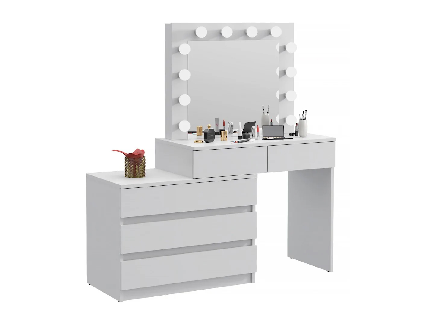 Masa de toaleta si machiaj colt Carla cu oglinda 12 LED si comoda 5 sertare, montaj stanga/dreapta, alb Household NewTrend