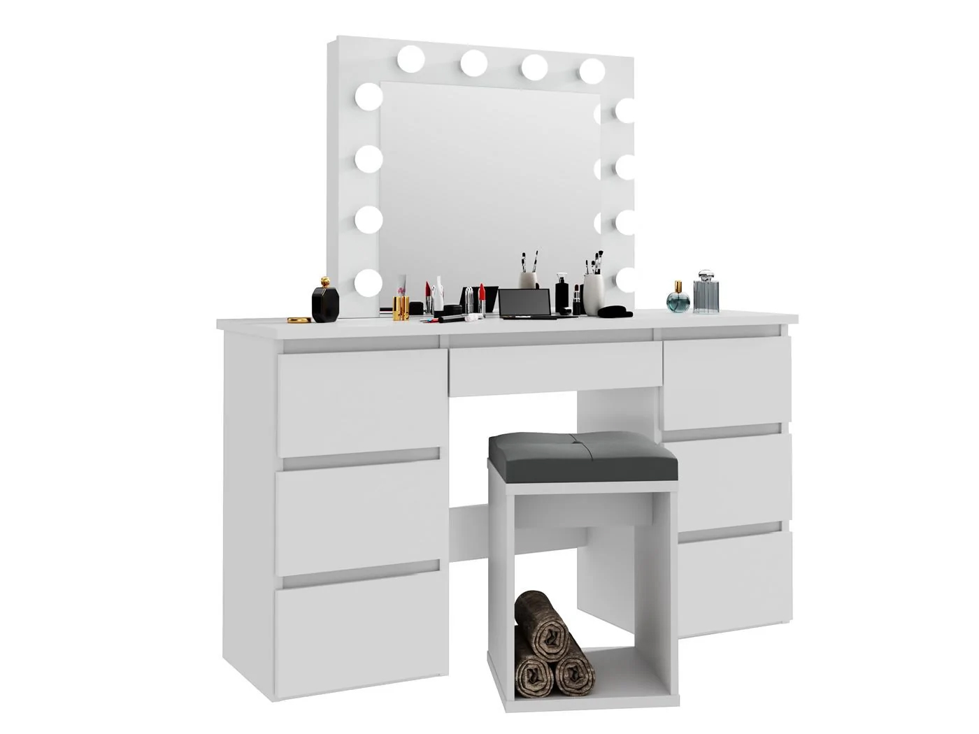 Masa de toaleta si machiaj cu oglinda LED si 7 sertare, 120x43x140 cm, alb Household NewTrend