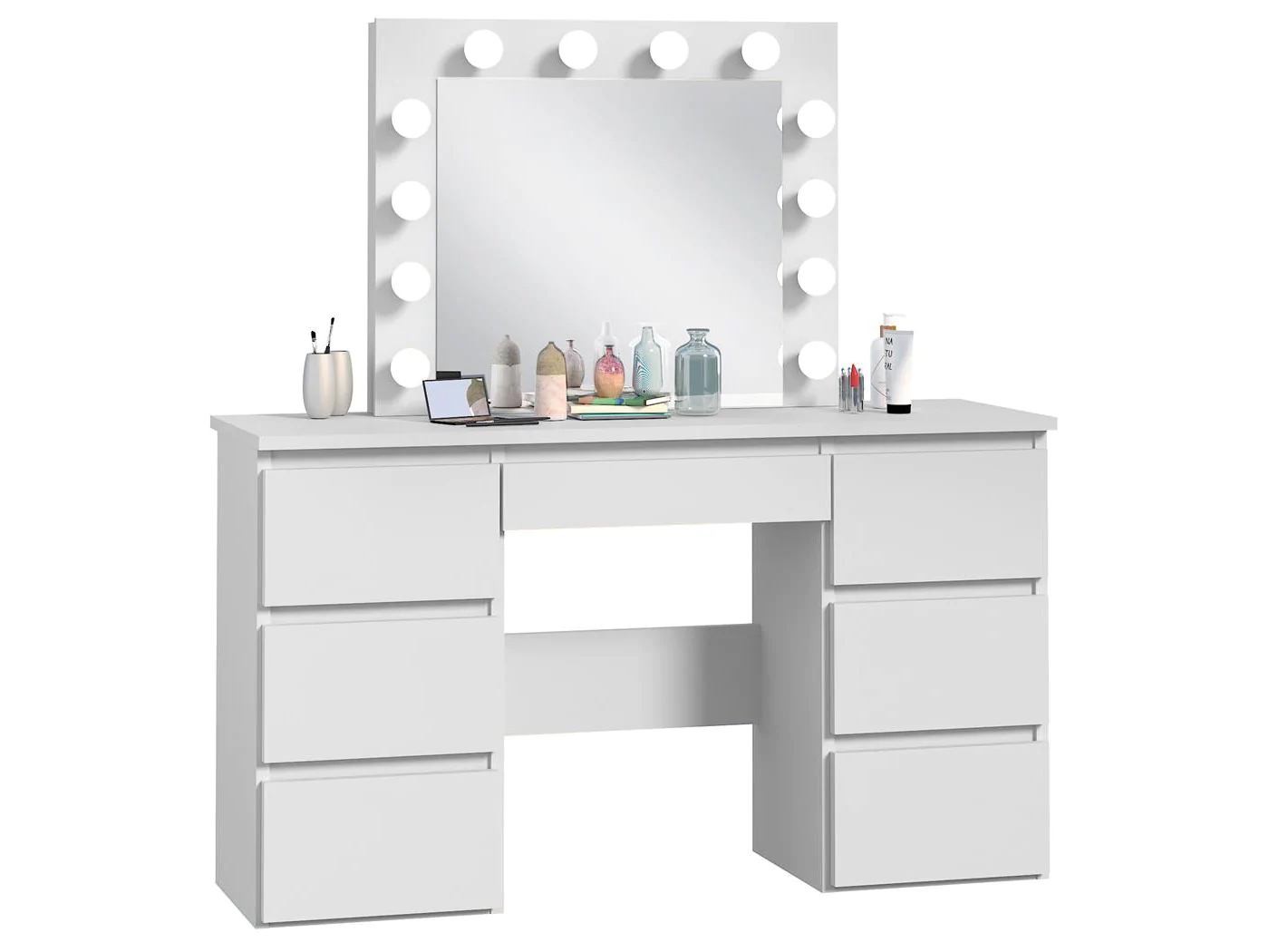 Masa de toaleta si machiaj cu oglinda LED si 7 sertare, 120x43x140 cm, alb Household NewTrend