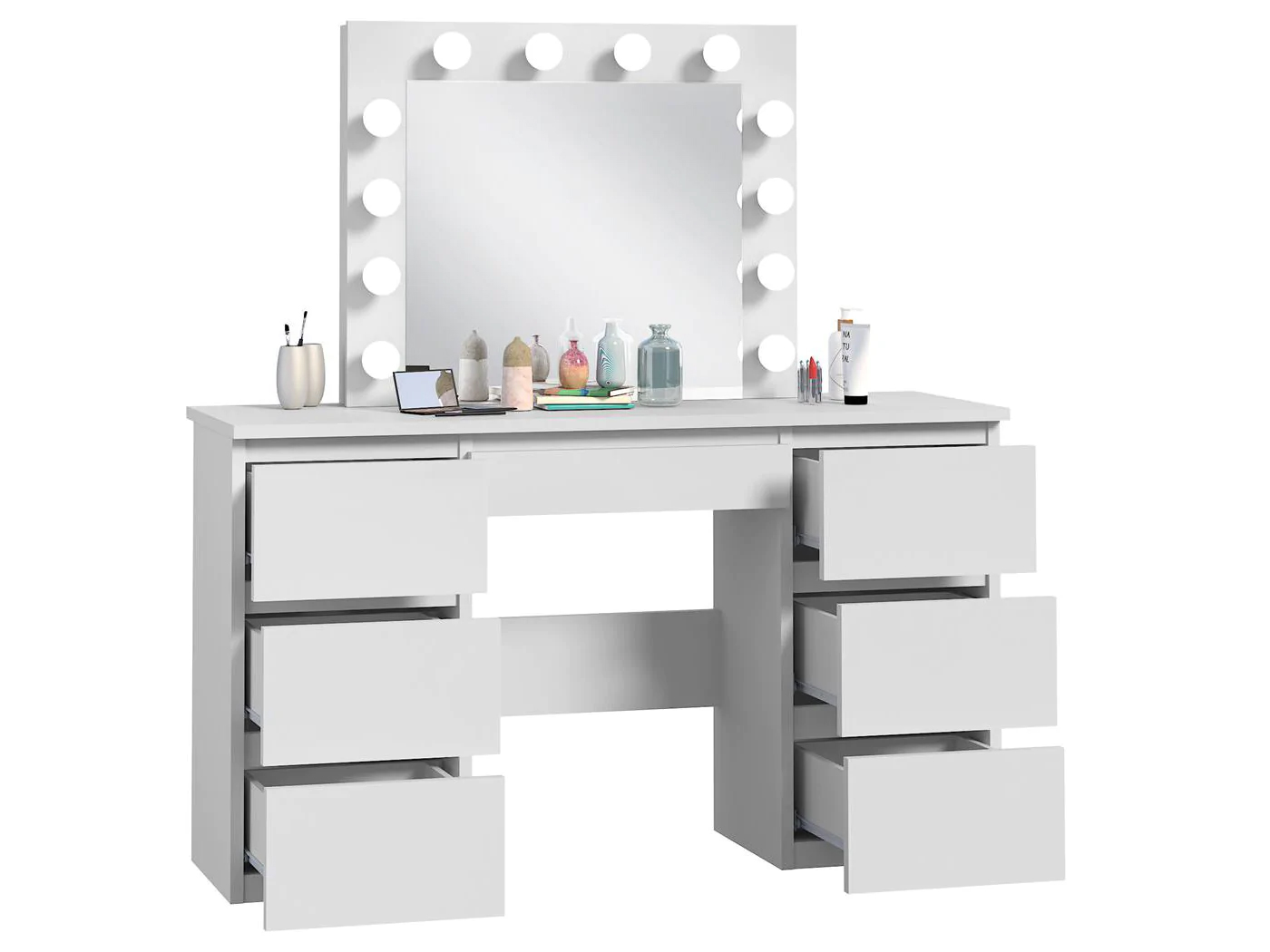 Masa de toaleta si machiaj cu oglinda LED si 7 sertare, 120x43x140 cm, alb Household NewTrend