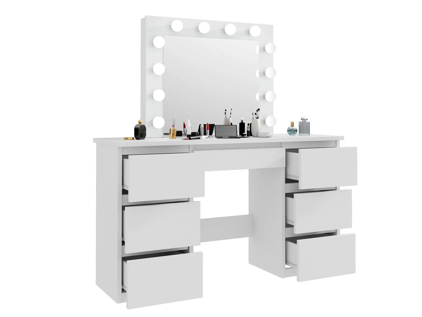Masa de toaleta si machiaj cu oglinda LED si 7 sertare, 120x43x140 cm, alb Household NewTrend