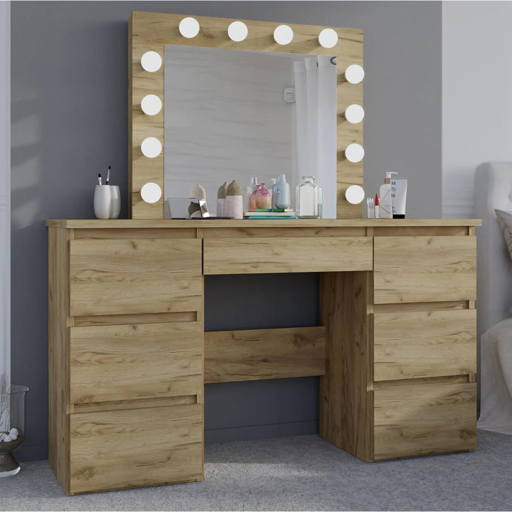 Masa de toaleta si machiaj cu oglinda LED si 7 sertare, 120x43x140 cm, craft Household NewTrend