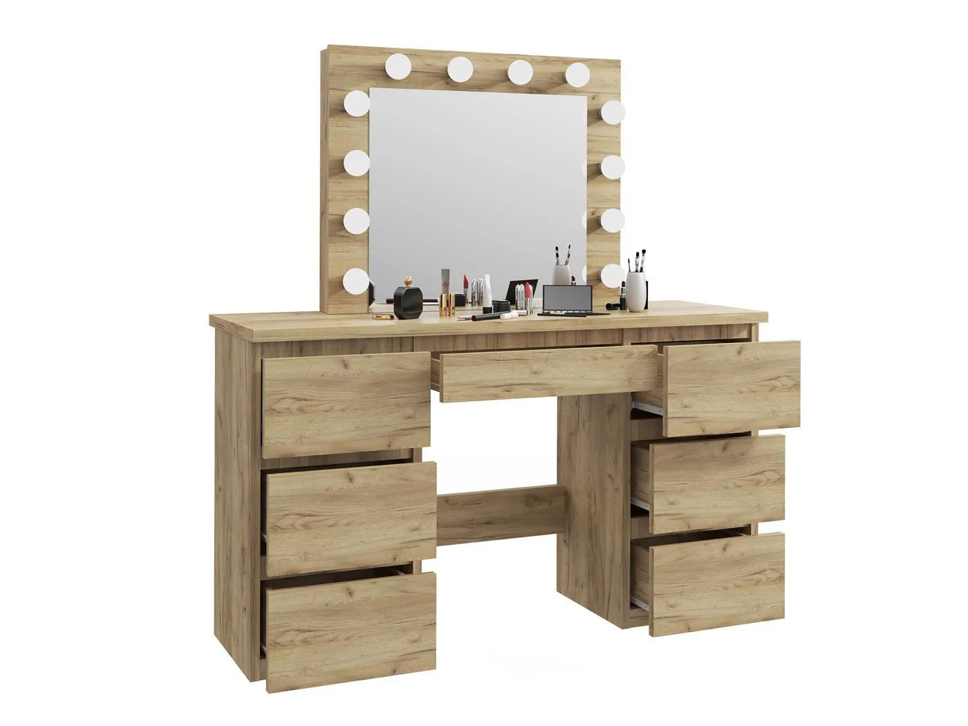 Masa de toaleta si machiaj cu oglinda LED si 7 sertare, 120x43x140 cm, craft Household NewTrend