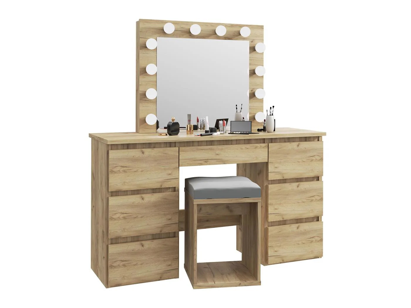 Masa de toaleta si machiaj cu oglinda LED si 7 sertare, 120x43x140 cm, craft Household NewTrend