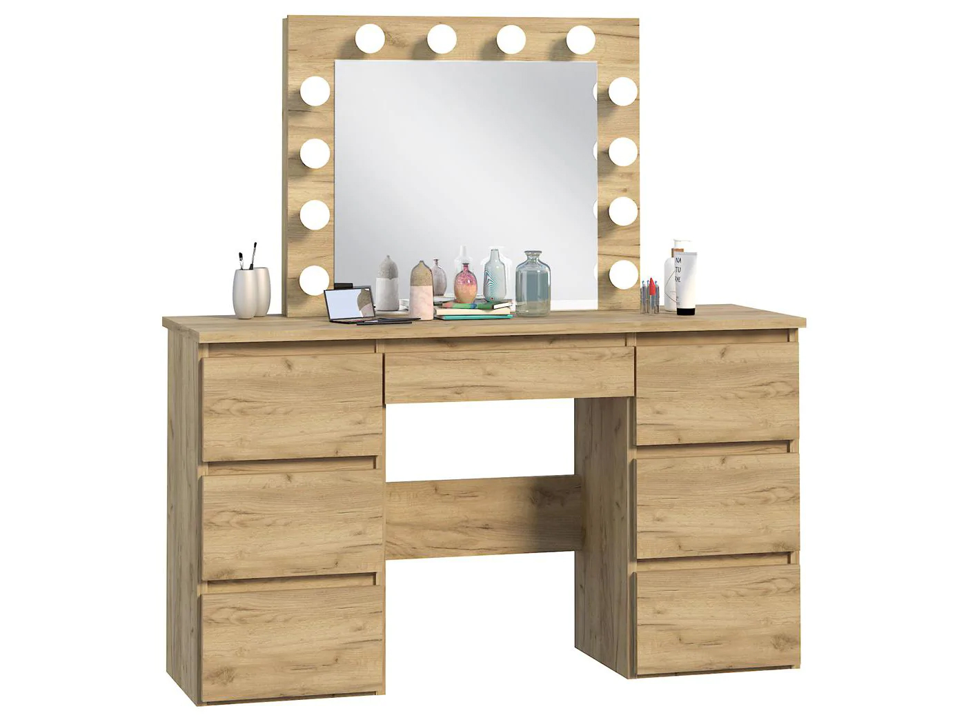 Masa de toaleta si machiaj cu oglinda LED si 7 sertare, 120x43x140 cm, craft Household NewTrend