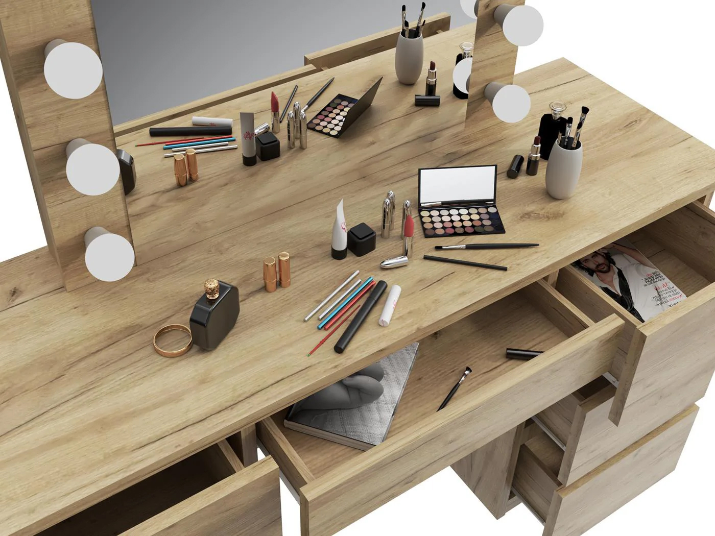 Masa de toaleta si machiaj cu oglinda LED si 7 sertare, 120x43x140 cm, craft Household NewTrend