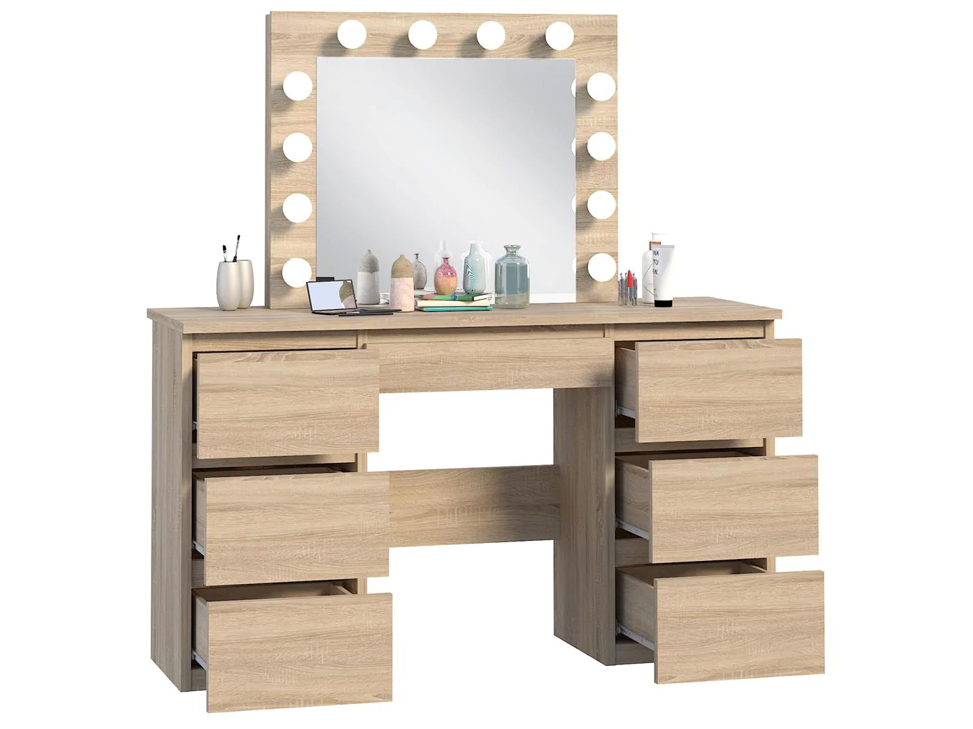 Masa de toaleta si machiaj cu oglinda LED si 7 sertare, 120x43x140 cm, sonoma Household NewTrend