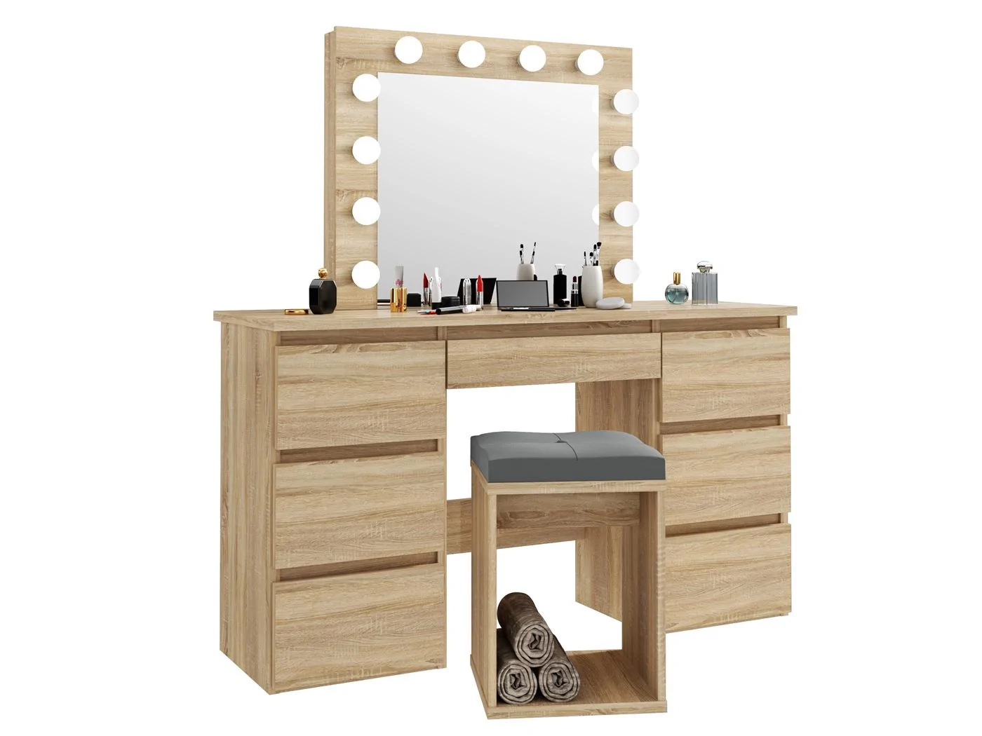 Masa de toaleta si machiaj cu oglinda LED si 7 sertare, 120x43x140 cm, sonoma Household NewTrend