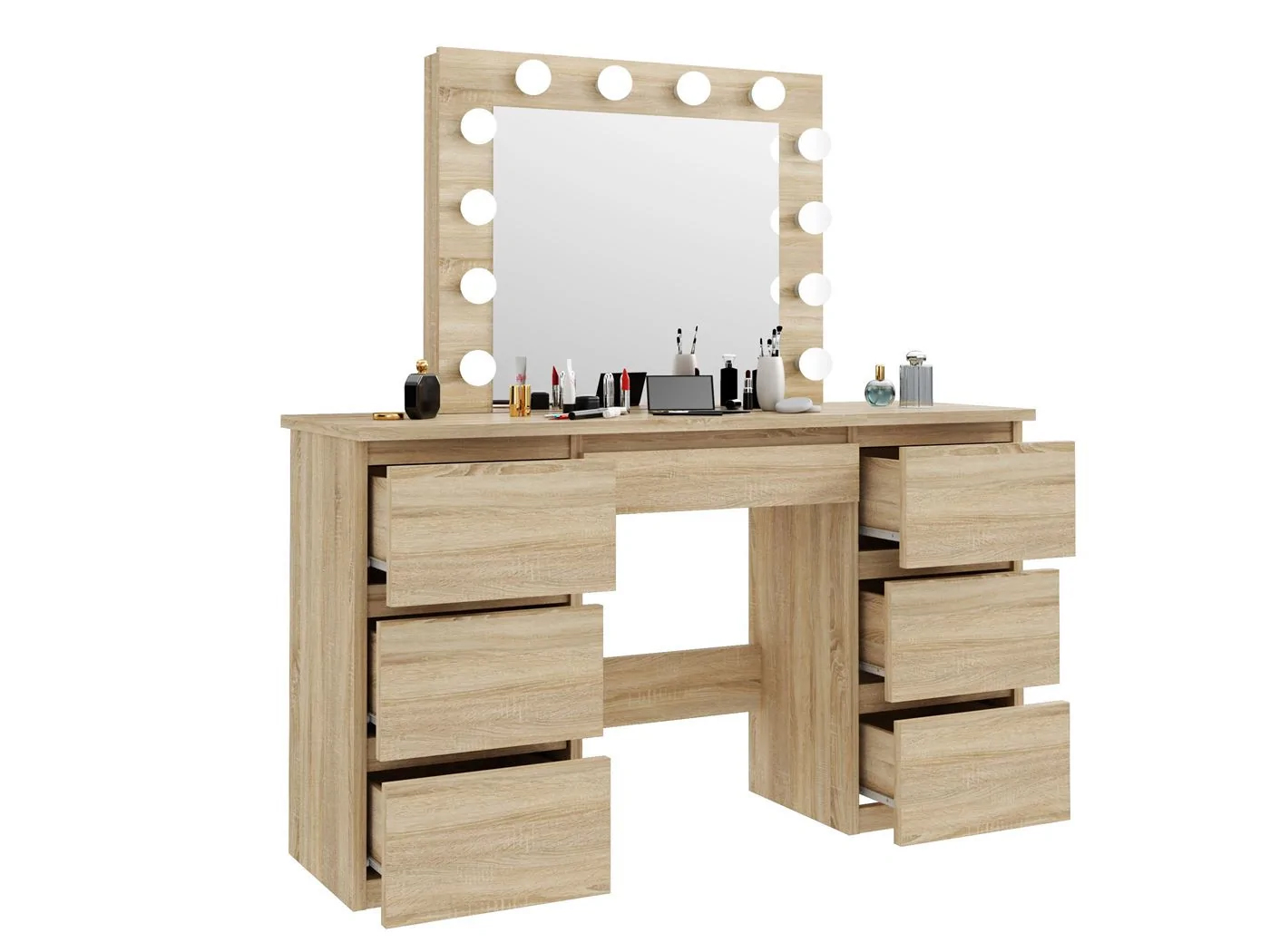 Masa de toaleta si machiaj cu oglinda LED si 7 sertare, 120x43x140 cm, sonoma Household NewTrend