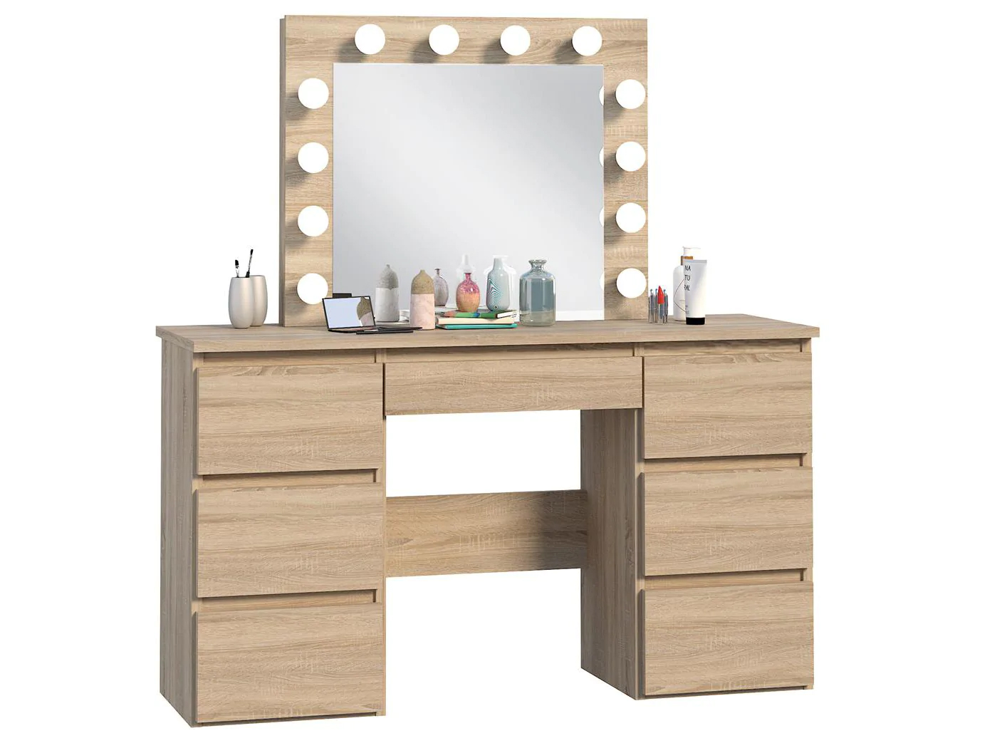Masa de toaleta si machiaj cu oglinda LED si 7 sertare, 120x43x140 cm, sonoma Household NewTrend
