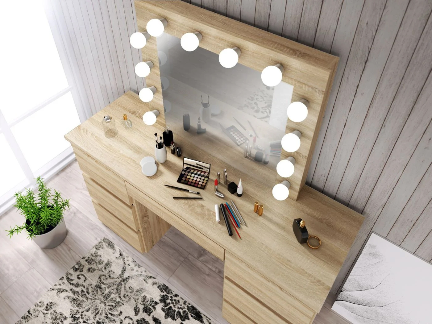 Masa de toaleta si machiaj cu oglinda LED si 7 sertare, 120x43x140 cm, sonoma Household NewTrend