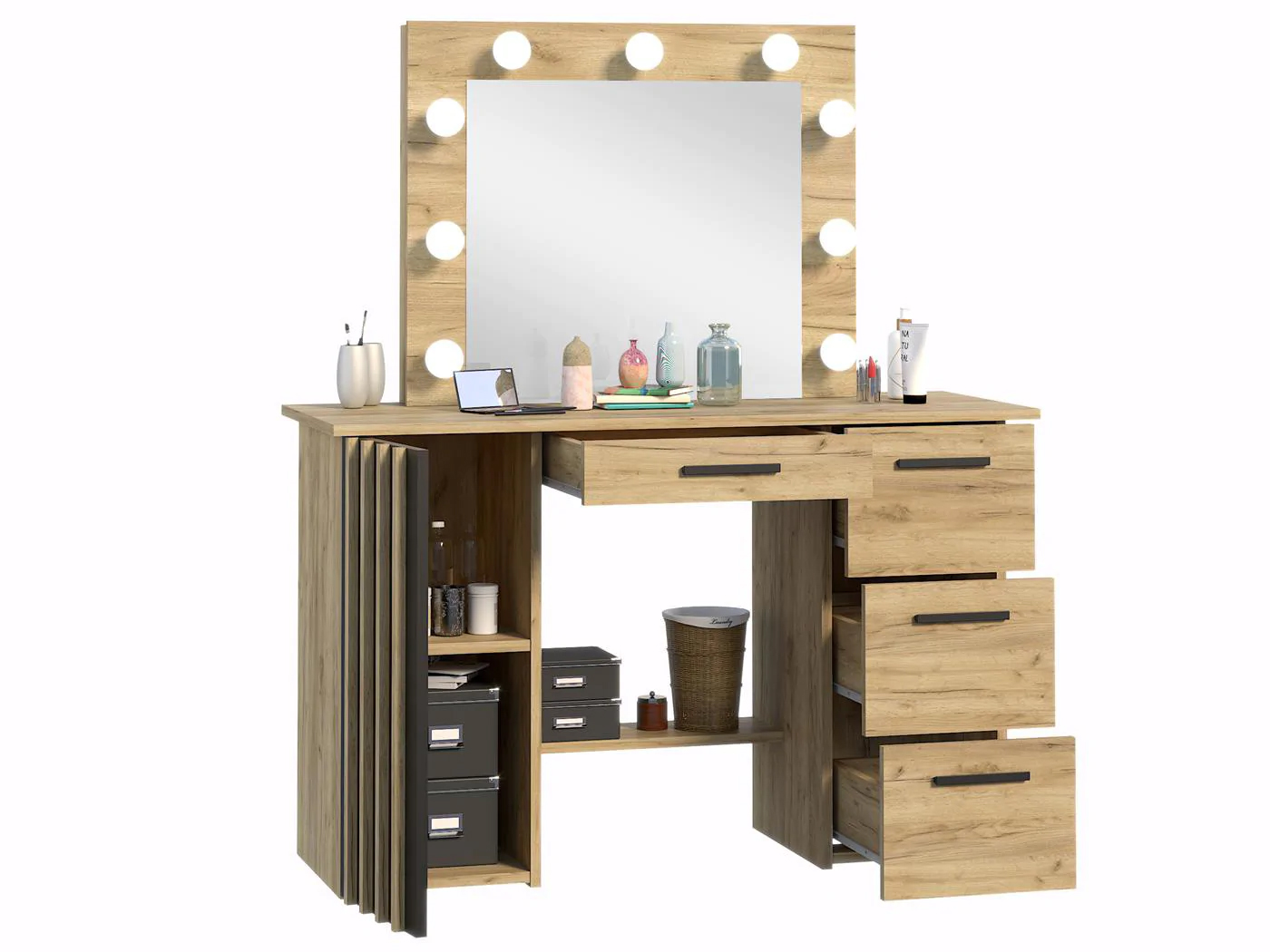 Masa de toaleta si machiaj suspendabila 120x45x140 cm cu oglinda LED si 4 sertare, craft si negru Household NewTrend
