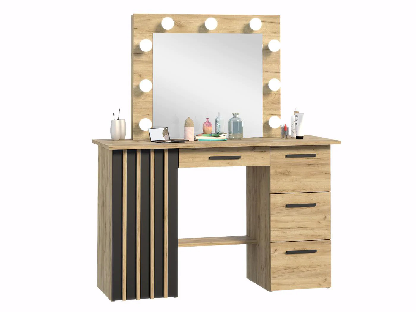 Masa de toaleta si machiaj suspendabila 120x45x140 cm cu oglinda LED si 4 sertare, craft si negru Household NewTrend