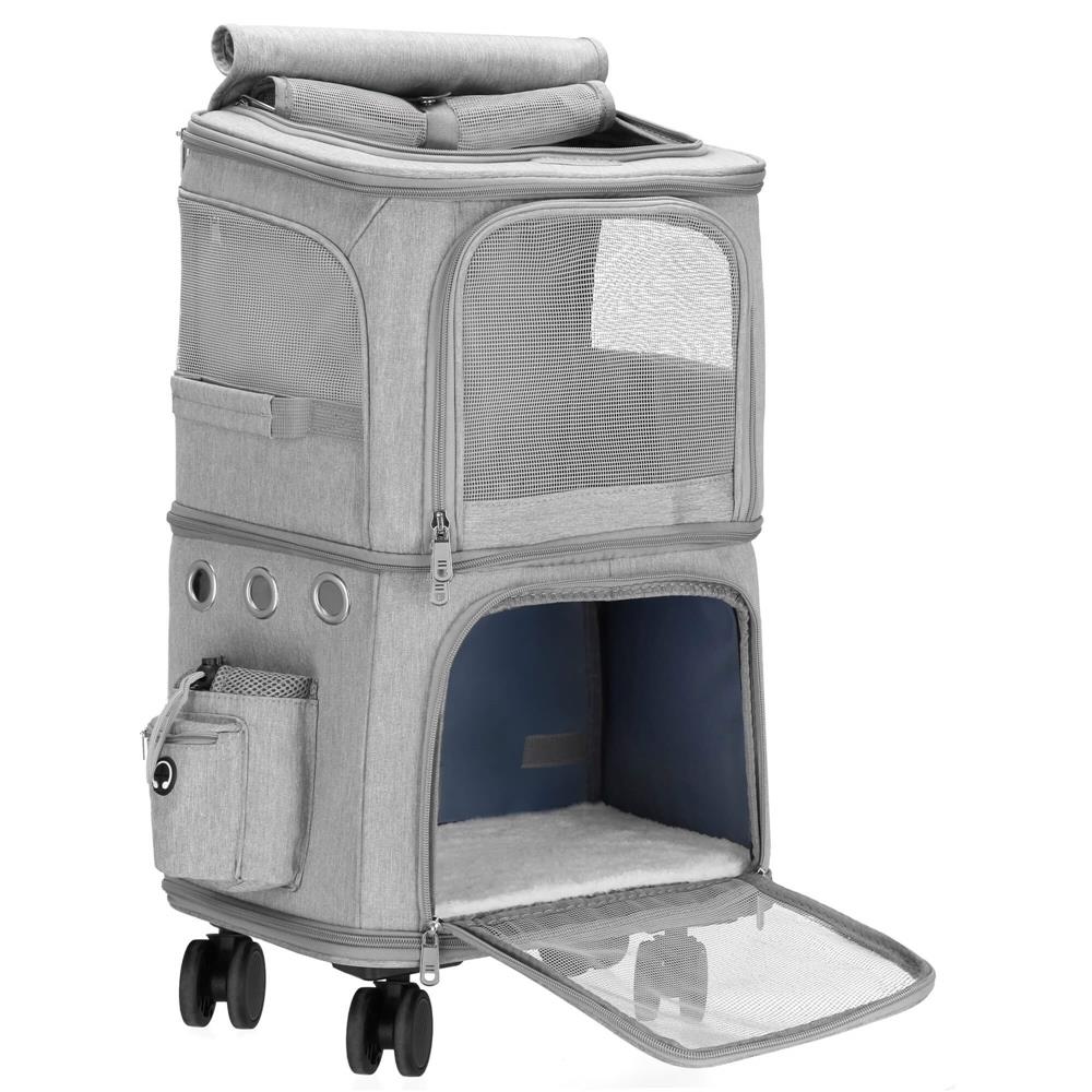 Carucior tip troller pentru transport animale, dublu cu 2 compartimente separate, maxim 22 kg, 55x34x26 cm, gri Household NewTrend