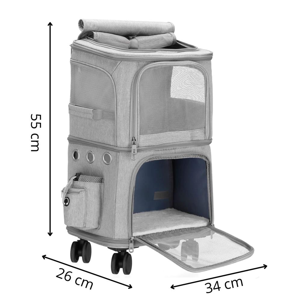 Carucior tip troller pentru transport animale, dublu cu 2 compartimente separate, maxim 22 kg, 55x34x26 cm, gri Household NewTrend