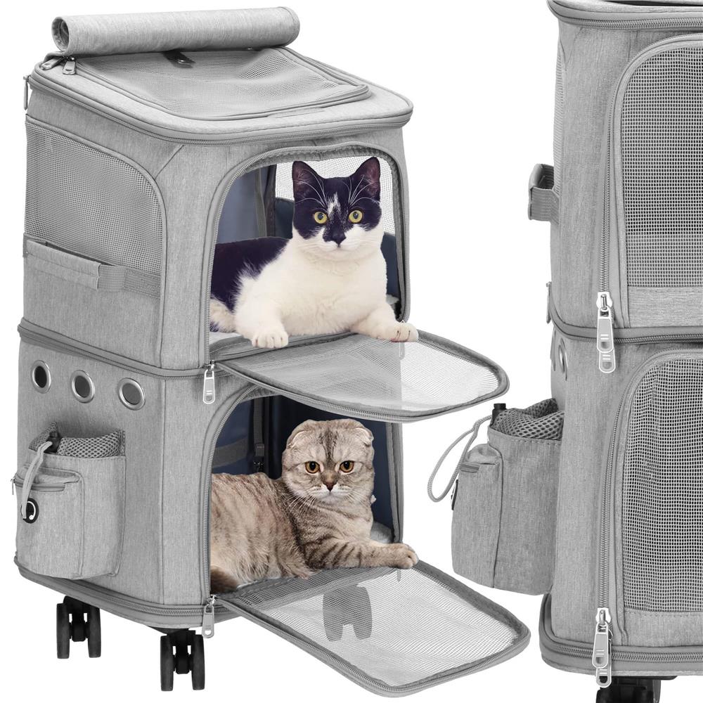 Carucior tip troller pentru transport animale, dublu cu 2 compartimente separate, maxim 22 kg, 55x34x26 cm, gri Household NewTrend