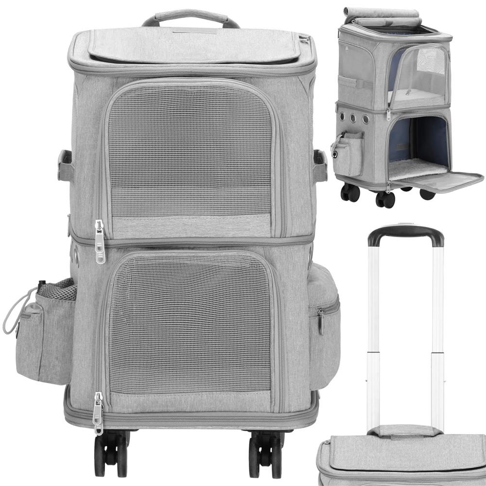 Carucior tip troller pentru transport animale, dublu cu 2 compartimente separate, maxim 22 kg, 55x34x26 cm, gri Household NewTrend