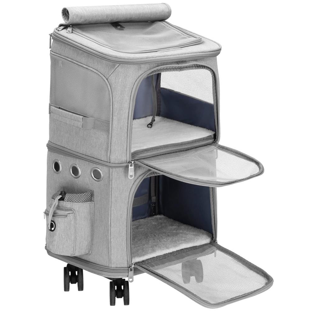 Carucior tip troller pentru transport animale, dublu cu 2 compartimente separate, maxim 22 kg, 55x34x26 cm, gri Household NewTrend