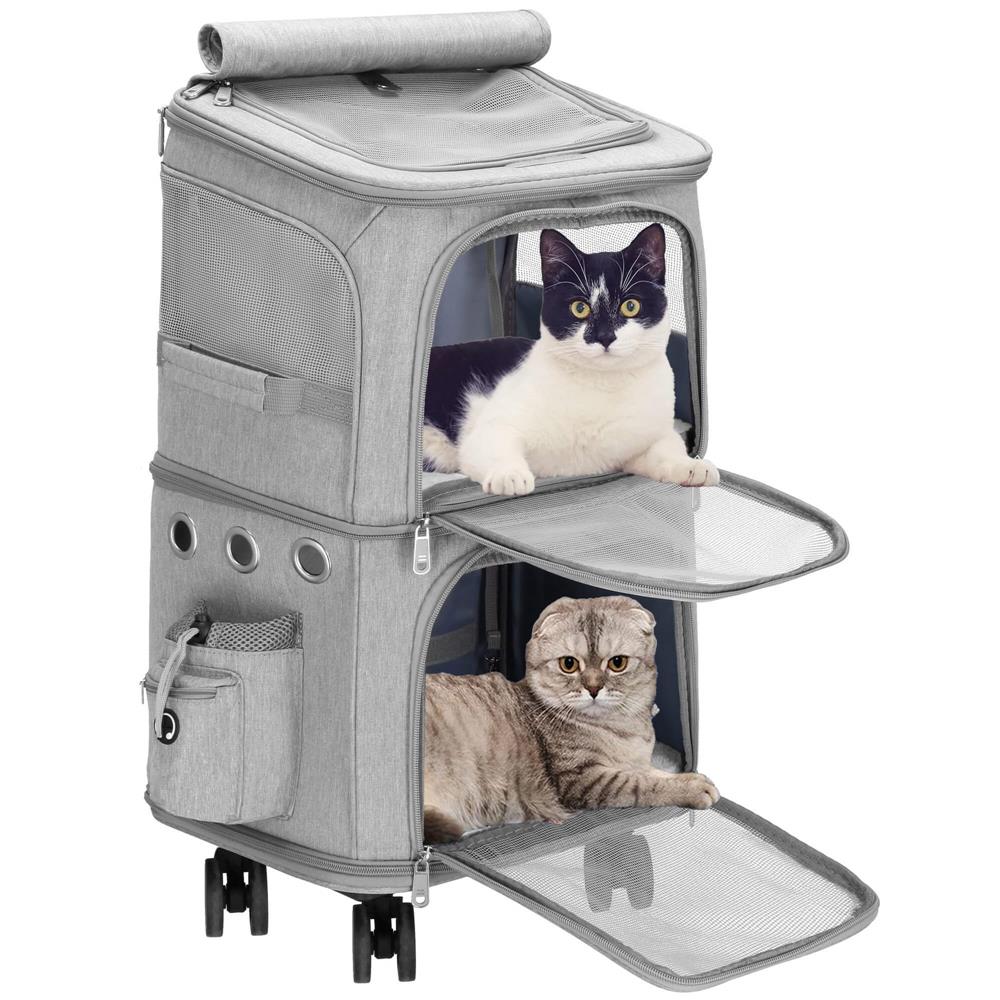 Carucior tip troller pentru transport animale, dublu cu 2 compartimente separate, maxim 22 kg, 55x34x26 cm, gri Household NewTrend