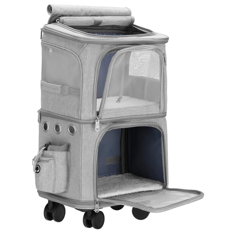 Carucior tip troller pentru transport animale, dublu cu 2 compartimente separate, maxim 22 kg, 55x34x26 cm, gri Household NewTrend