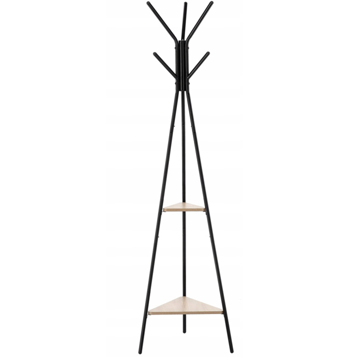 Cuier hol, metalic, 2 rafturi MDF, design minimalist, 180 cm, negru Household NewTrend