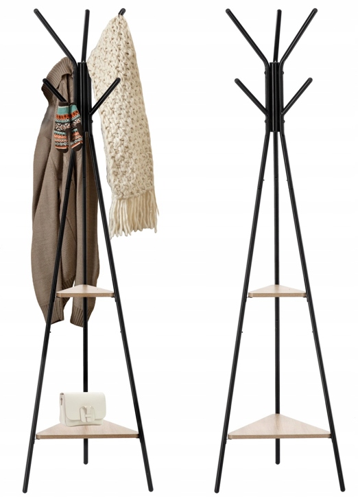 Cuier hol, metalic, 2 rafturi MDF, design minimalist, 180 cm, negru Household NewTrend