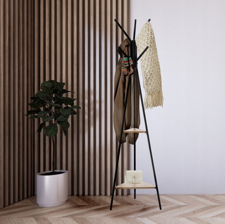 Cuier hol, metalic, 2 rafturi MDF, design minimalist, 180 cm, negru Household NewTrend