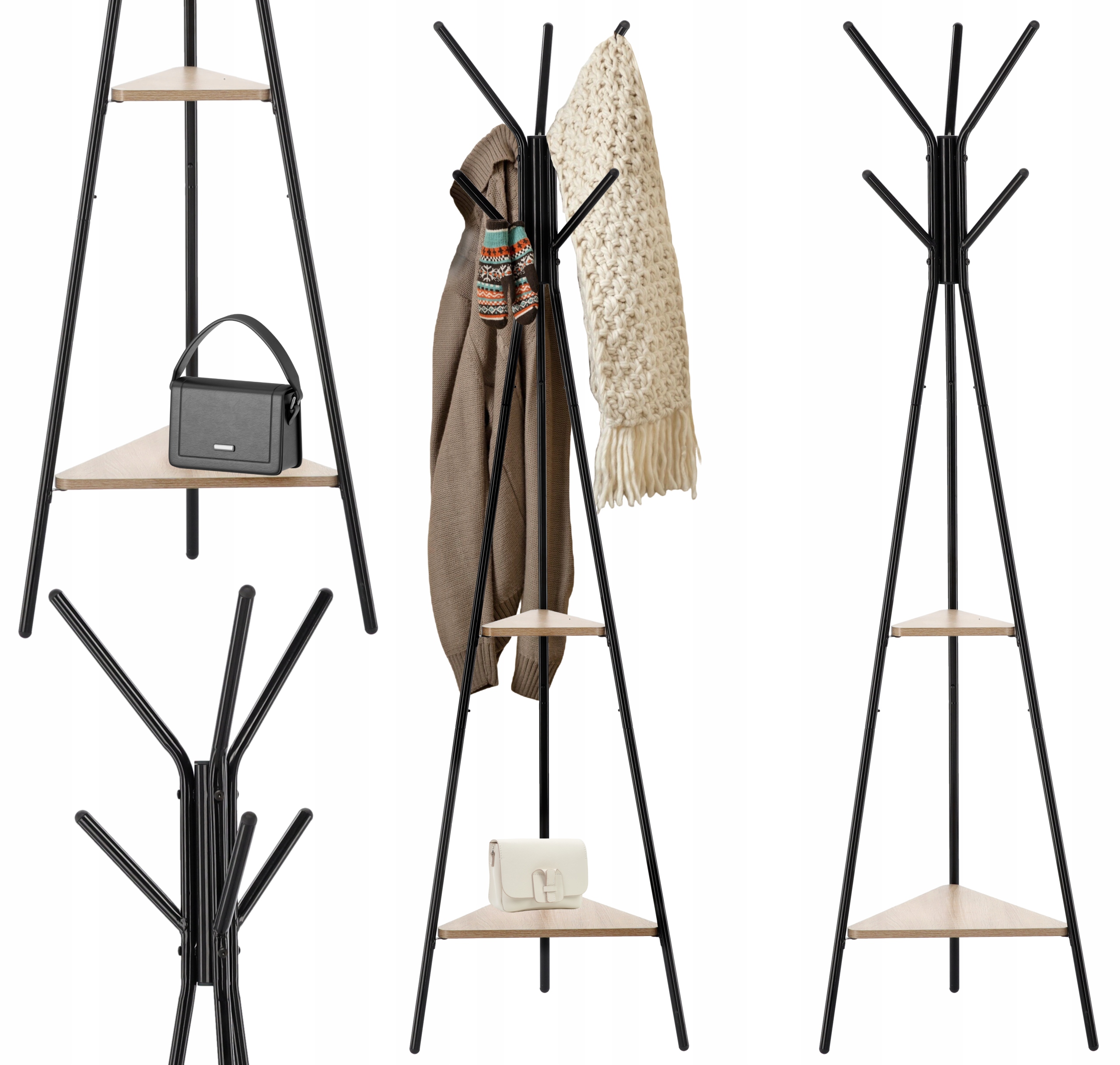 Cuier hol, metalic, 2 rafturi MDF, design minimalist, 180 cm, negru Household NewTrend