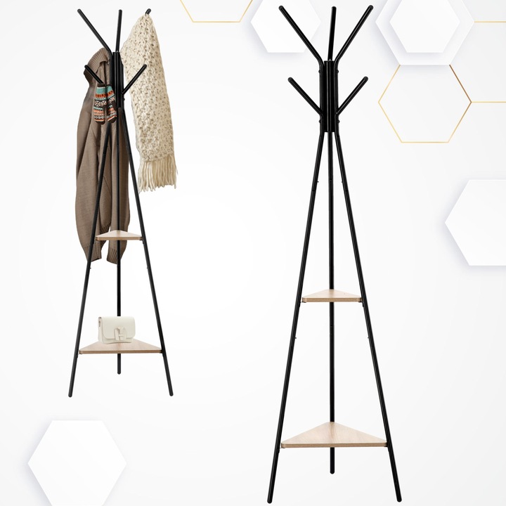Cuier hol, metalic, 2 rafturi MDF, design minimalist, 180 cm, negru Household NewTrend