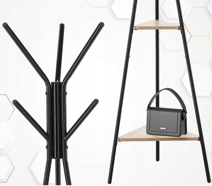 Cuier hol, metalic, 2 rafturi MDF, design minimalist, 180 cm, negru Household NewTrend