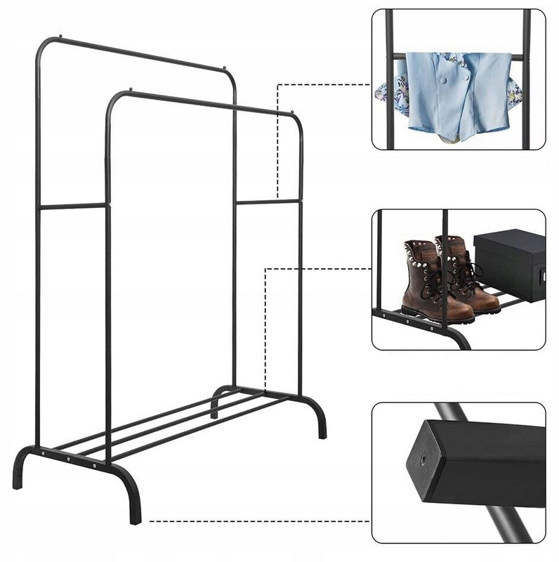 Suport metalic pentru haine 110x55x145 cm, cu bara dubla si raft pentru incaltaminte, negru Household NewTrend